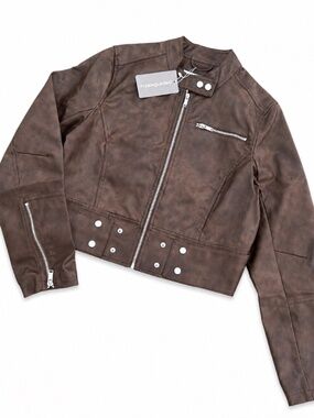 Missguided classic brown zip-up biker jacket with studs, size L